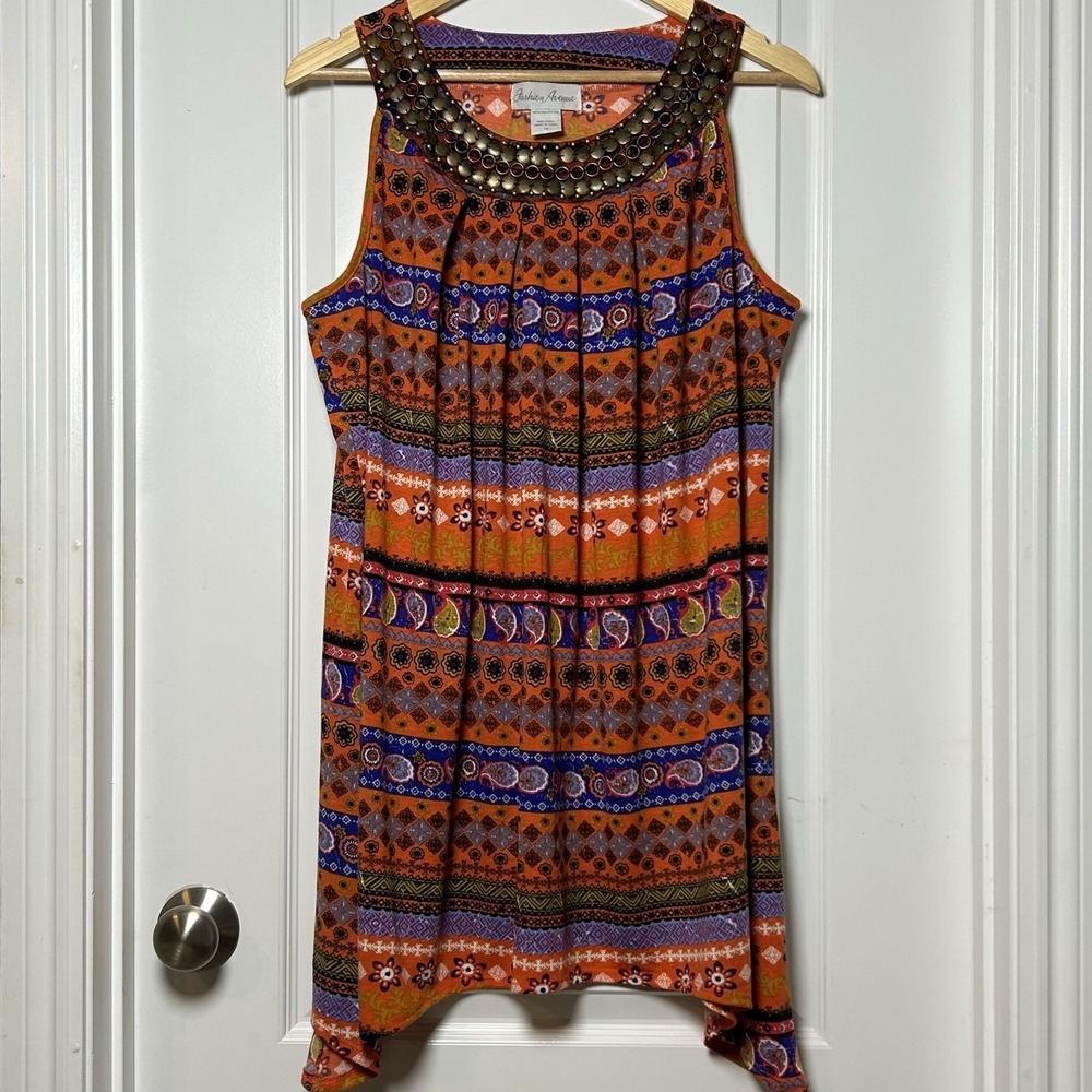 Fashion Avenue Boho Paisley Medallion Studded Neckline Sleeveless Tunic Top